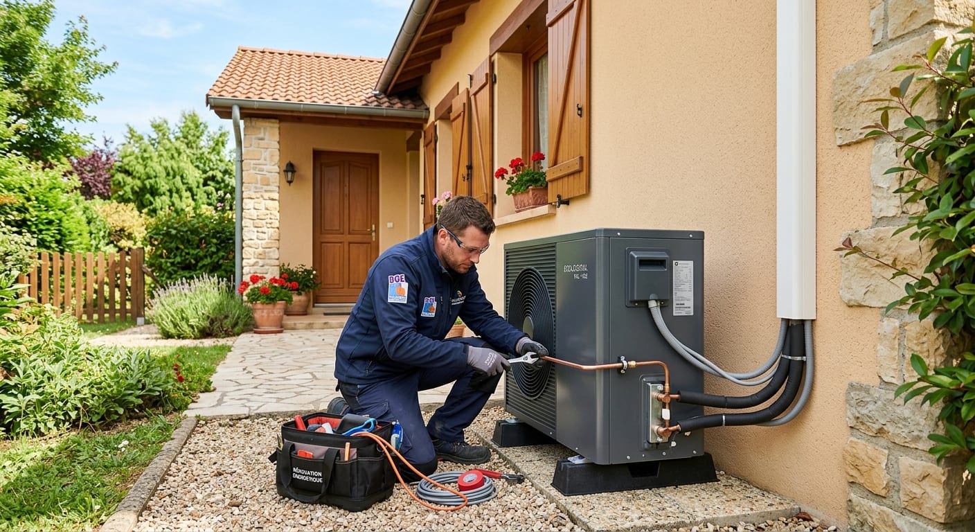 Technicien certifié RGE installant une pompe à chaleur air eau moderne à l'extérieur d'une maison individuelle chaleureuse